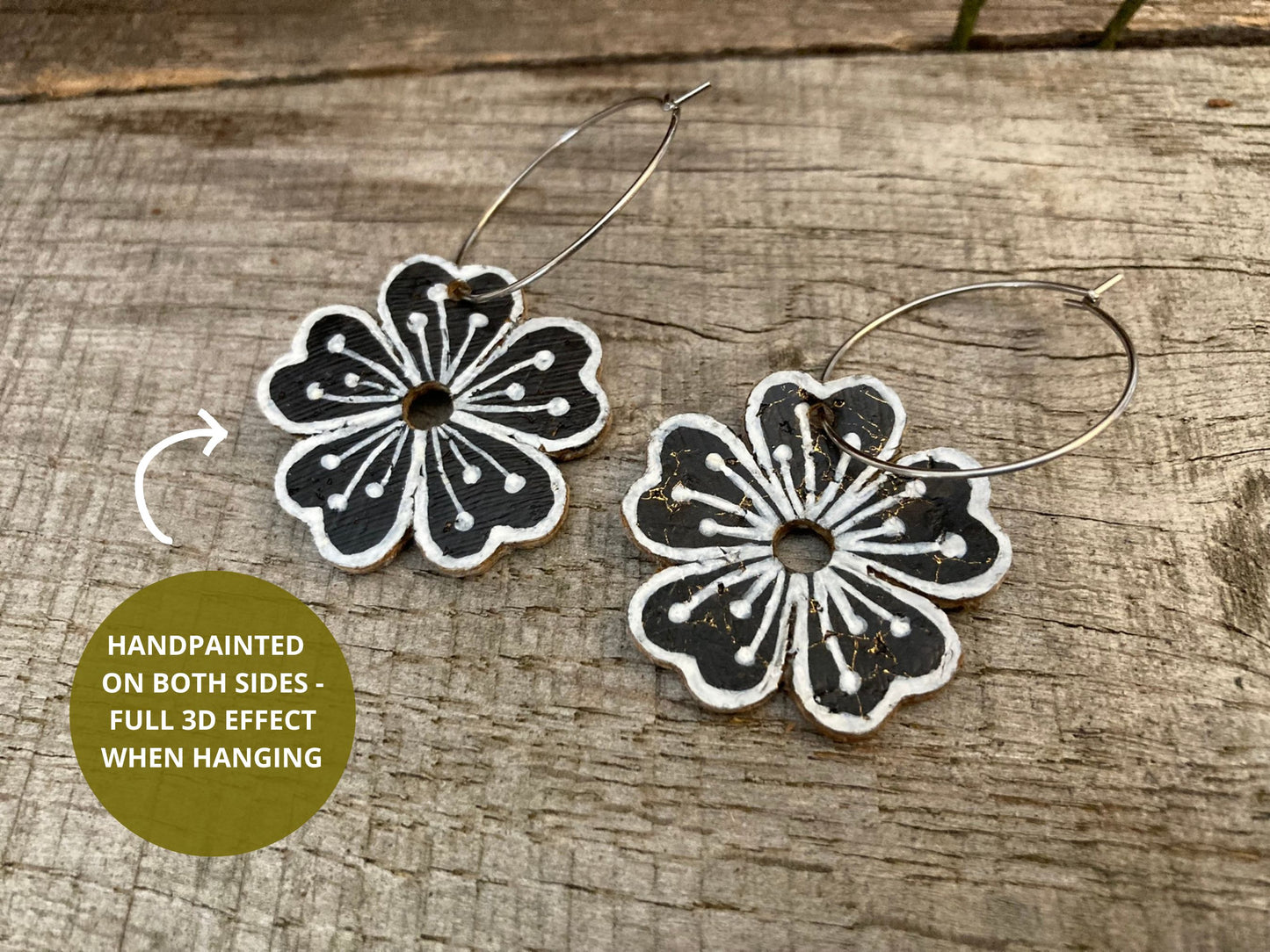 Gold flecked black cork flower earrings infographic showing the earring being double sided with white pollen detailing