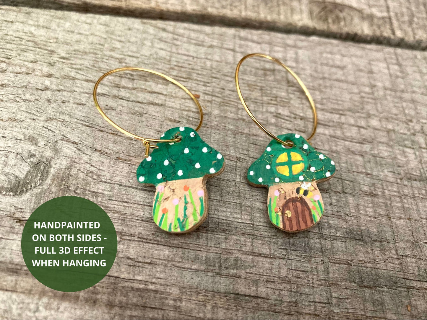 Fairy toadstool house earrings with window and door on front and on reverse a flower garden
