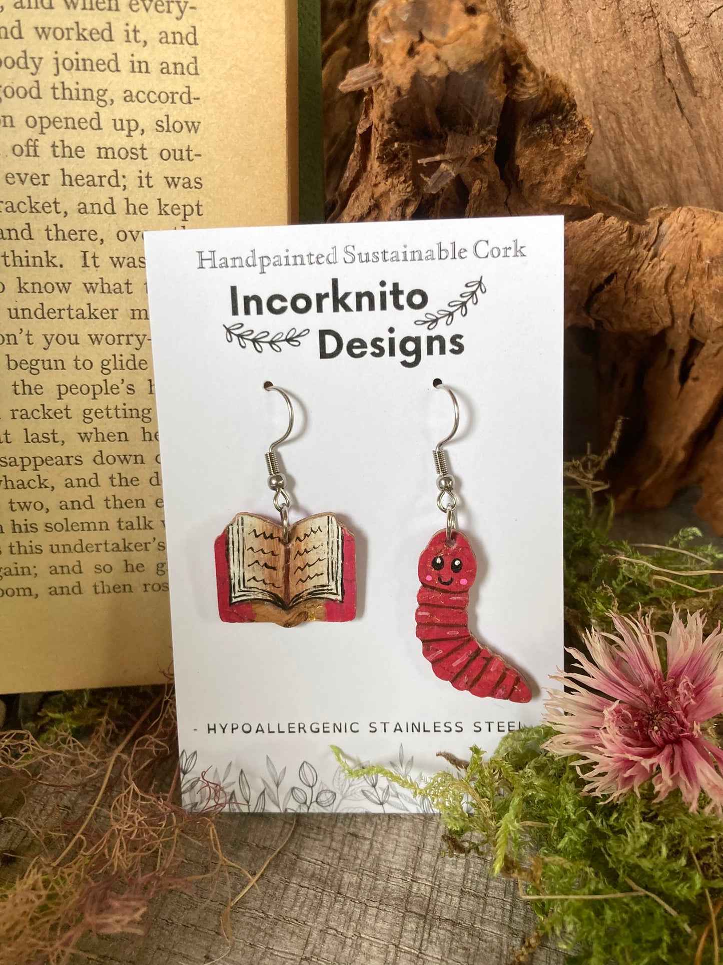 Pink Book Worm Earrings