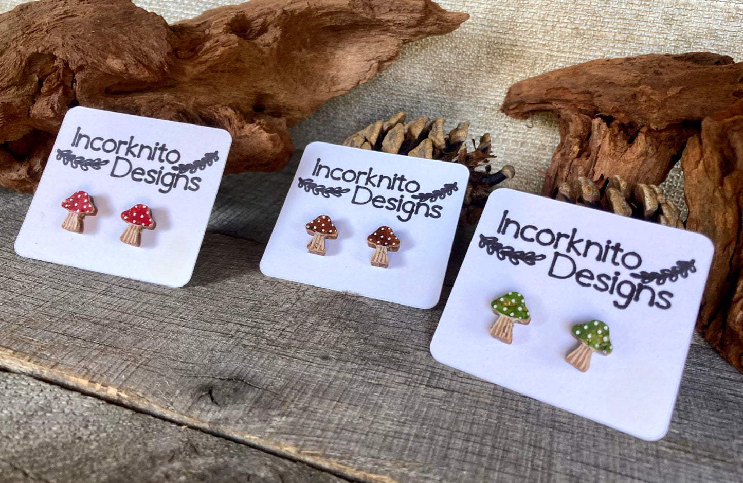 Toadstool Studs - Green, Red & Brown