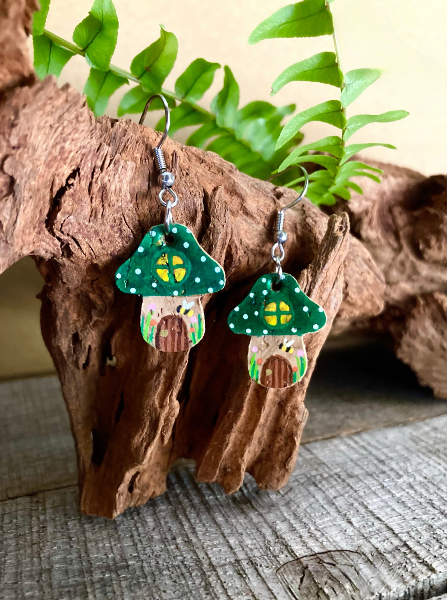 Green Fairy House Toadstool Earrings