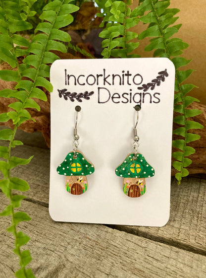 Green Fairy House Toadstool Earrings