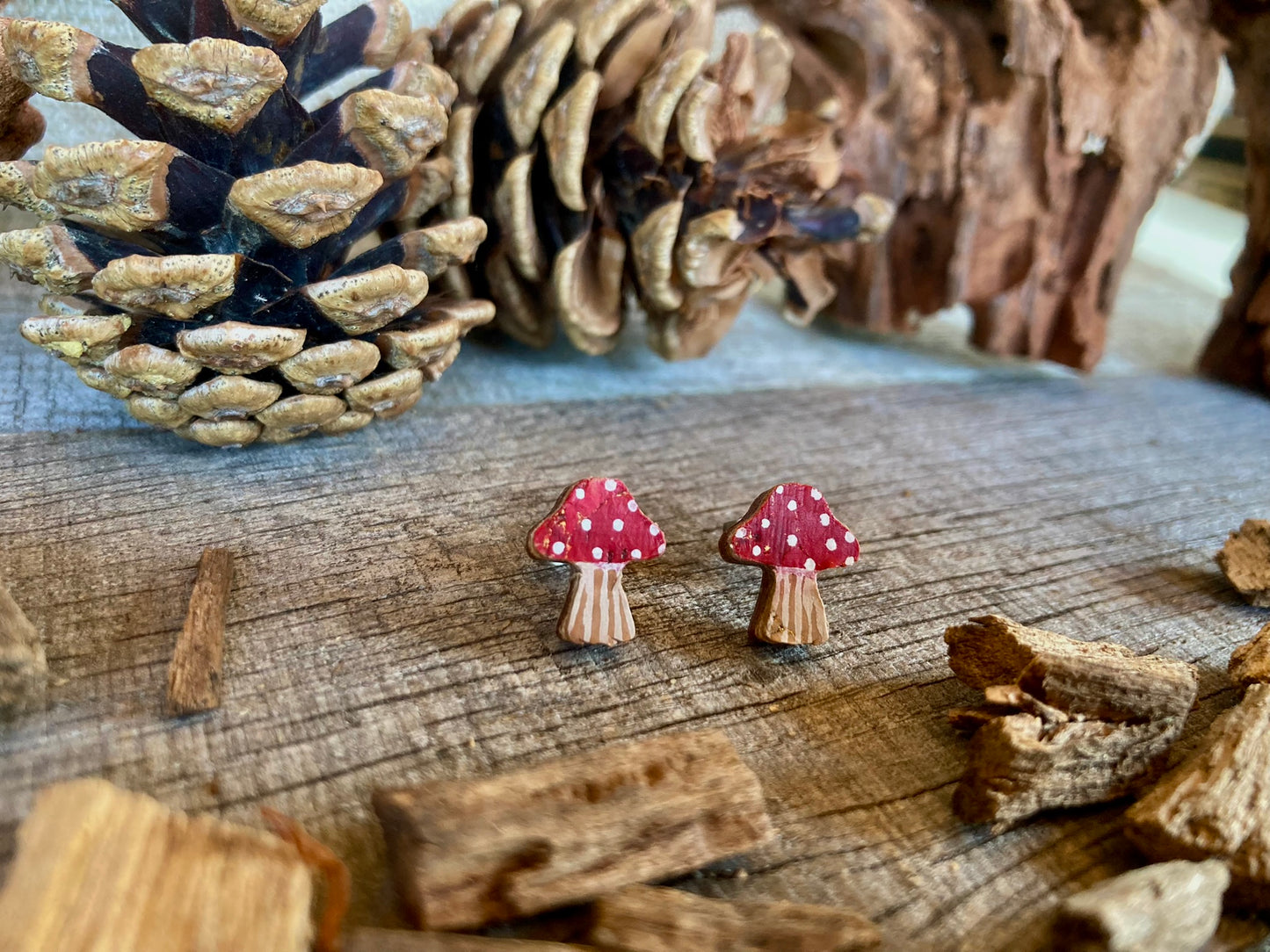 Toadstool Studs - Green, Red & Brown