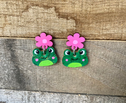 Frog Flower Stud Drop Earrings