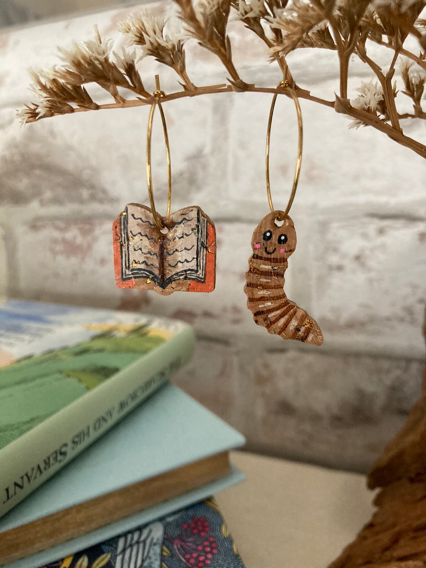 Natural Book Worm Earrings - Green, Orange or Brown Book