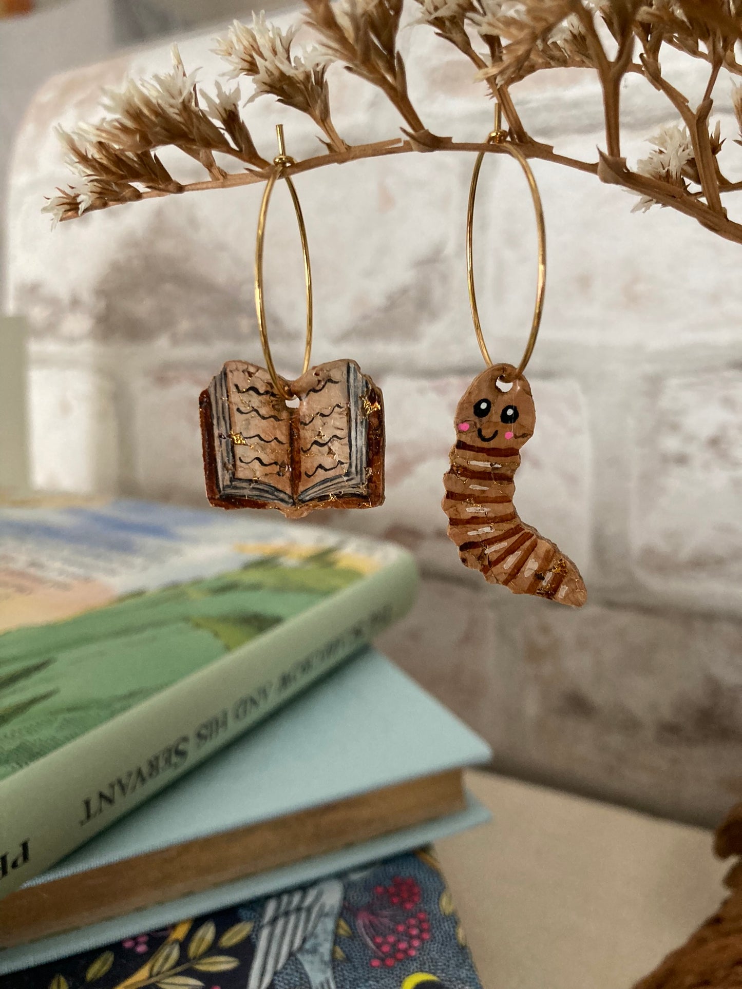 Natural Book Worm Earrings - Green, Orange or Brown Book