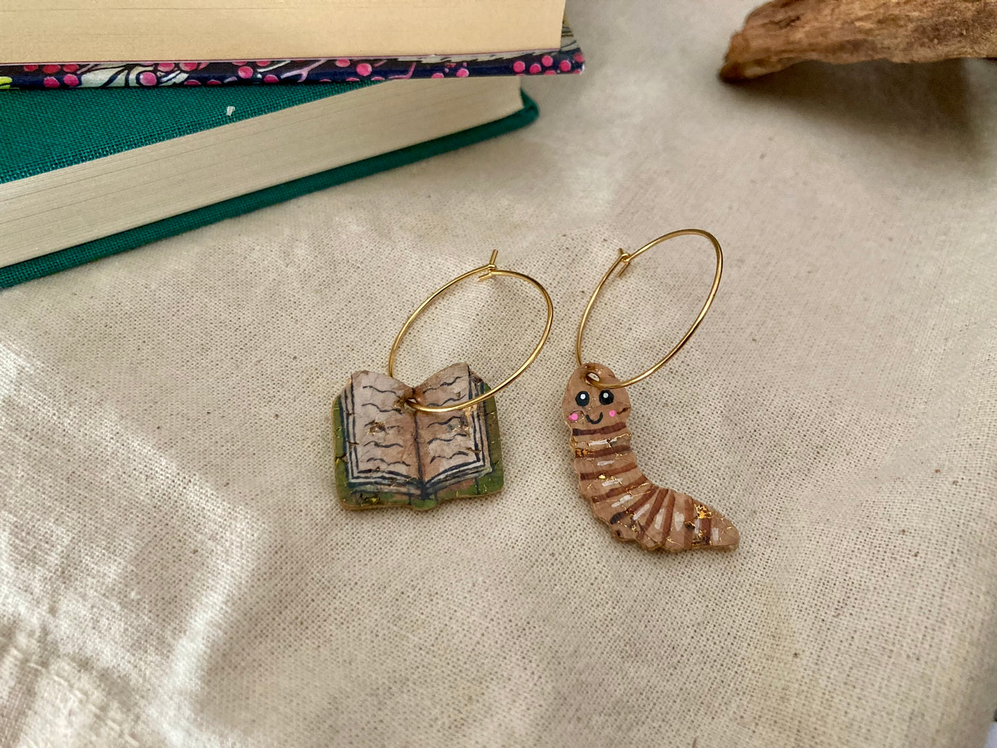 Natural Book Worm Earrings - Green, Orange or Brown Book