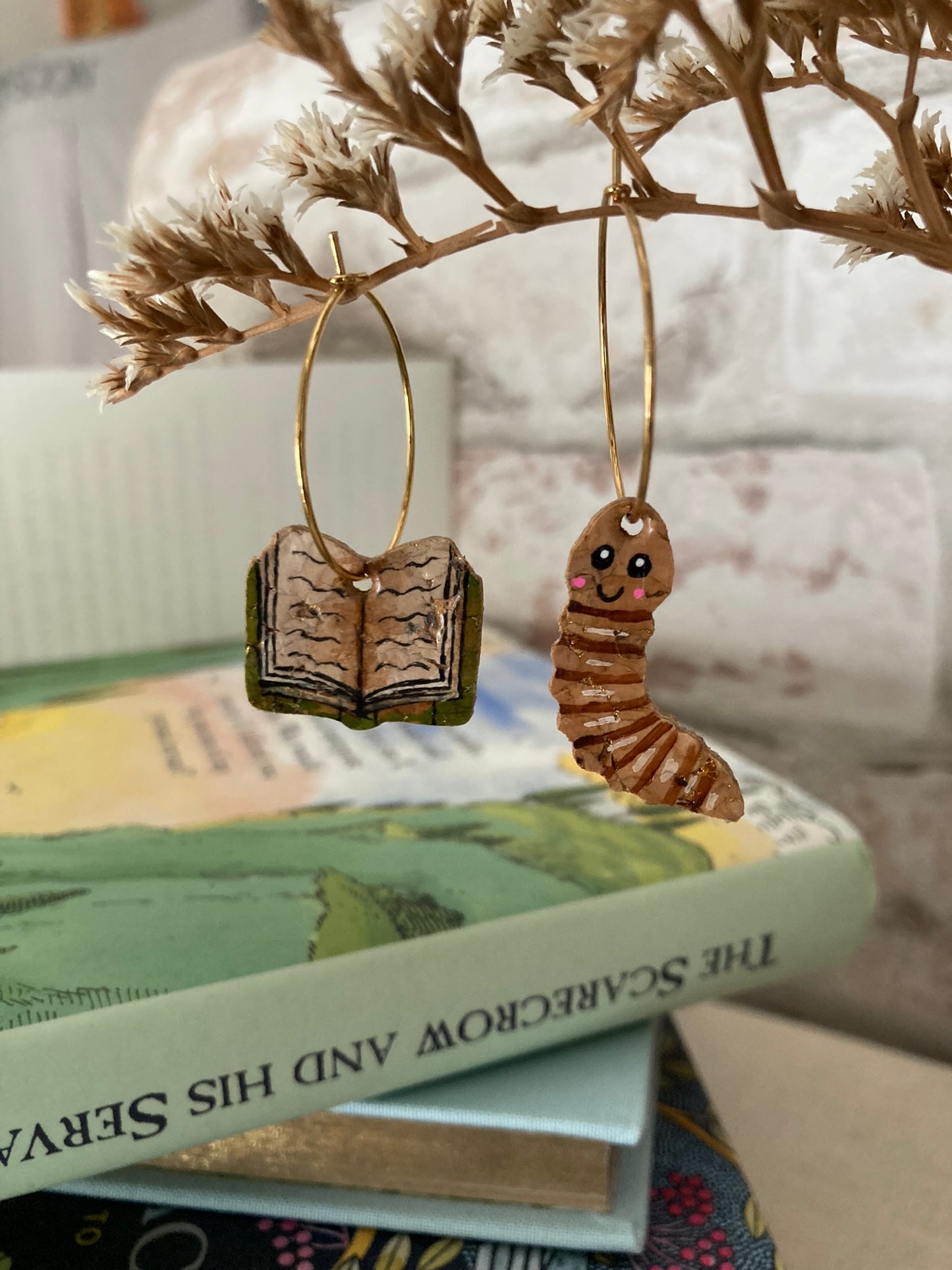 Natural Book Worm Earrings - Green, Orange or Brown Book