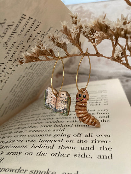 Natural Book Worm Earrings - Green, Orange or Brown Book