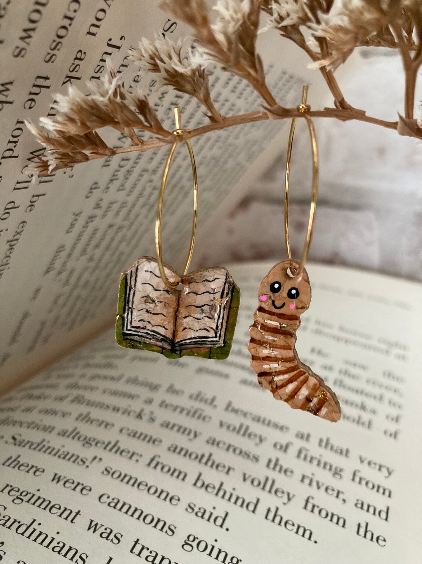 Natural Book Worm Earrings - Green, Orange or Brown Book