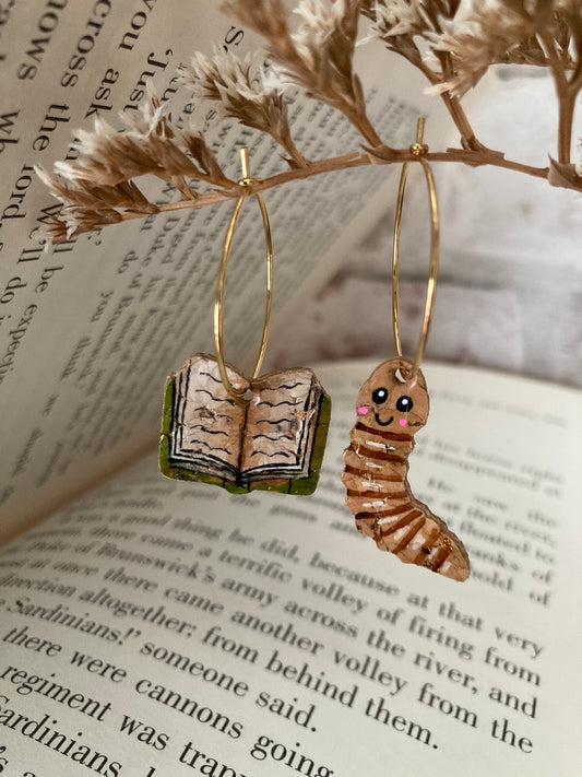 Natural Book Worm Earrings - Green, Orange or Brown Book