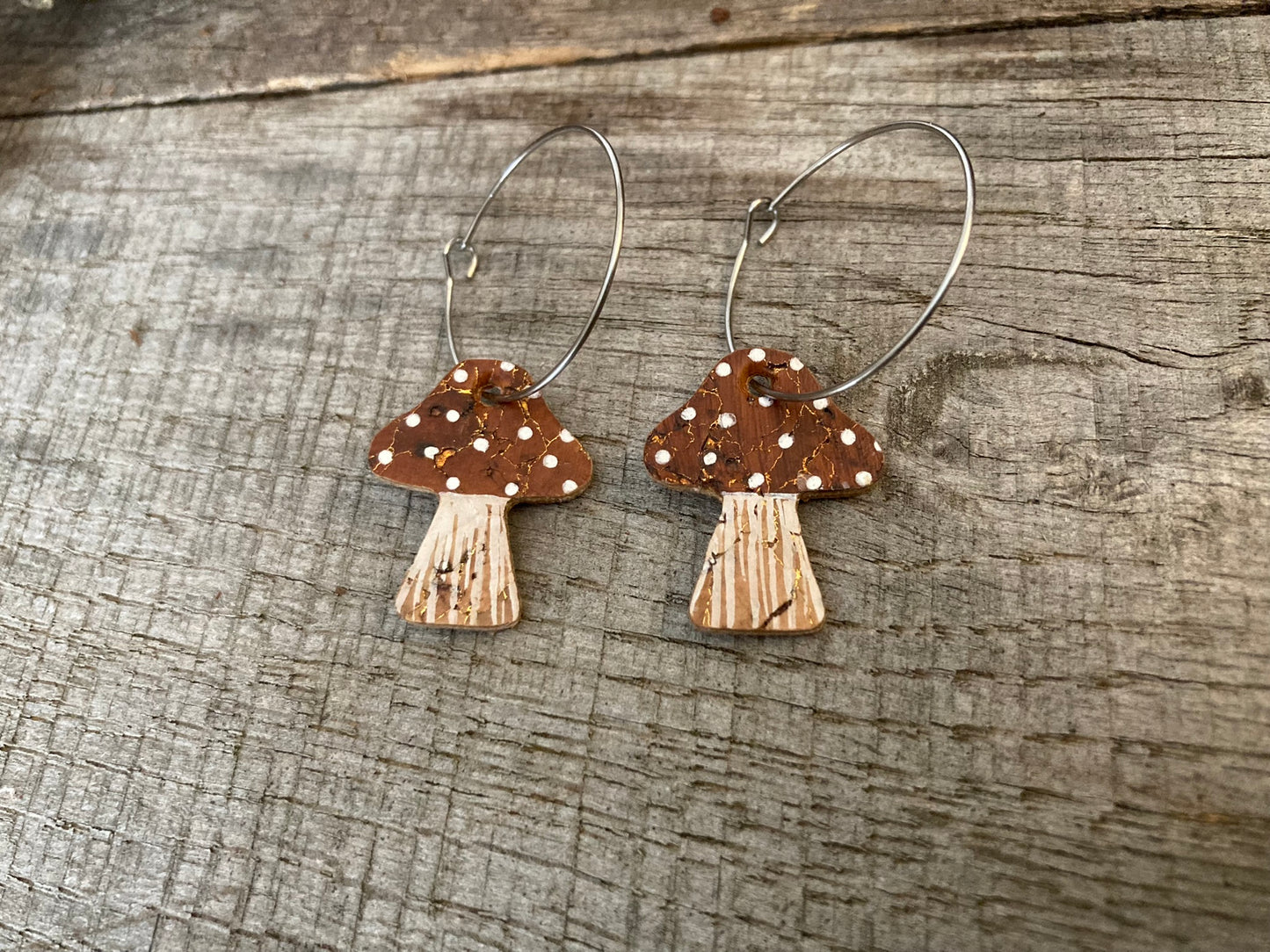 Large Brown Toadstool Hoop Earrings