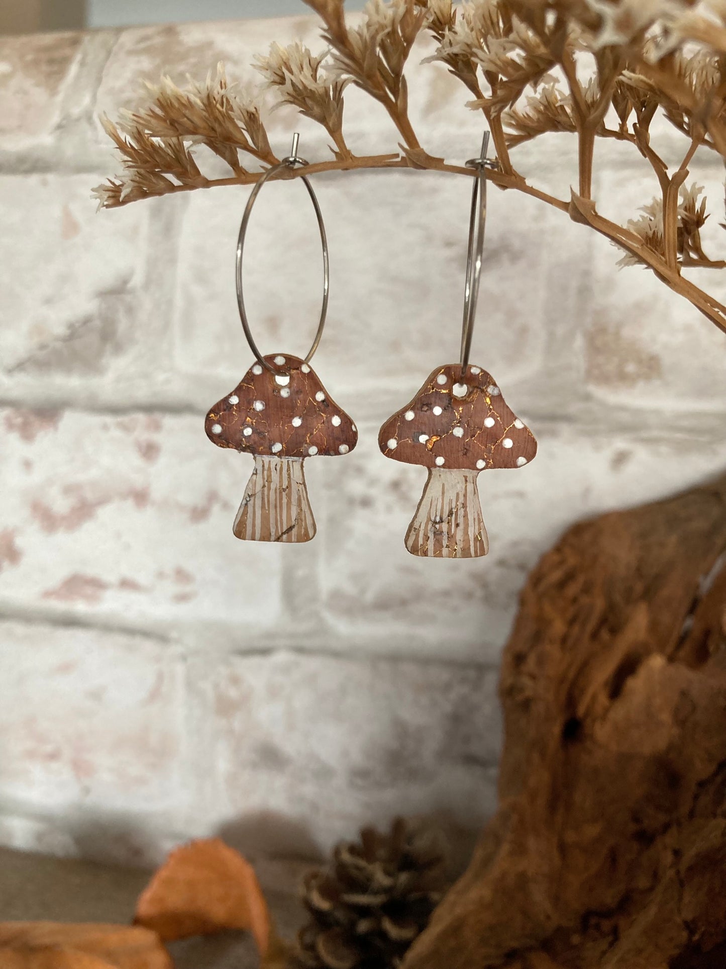 Large Brown Toadstool Hoop Earrings