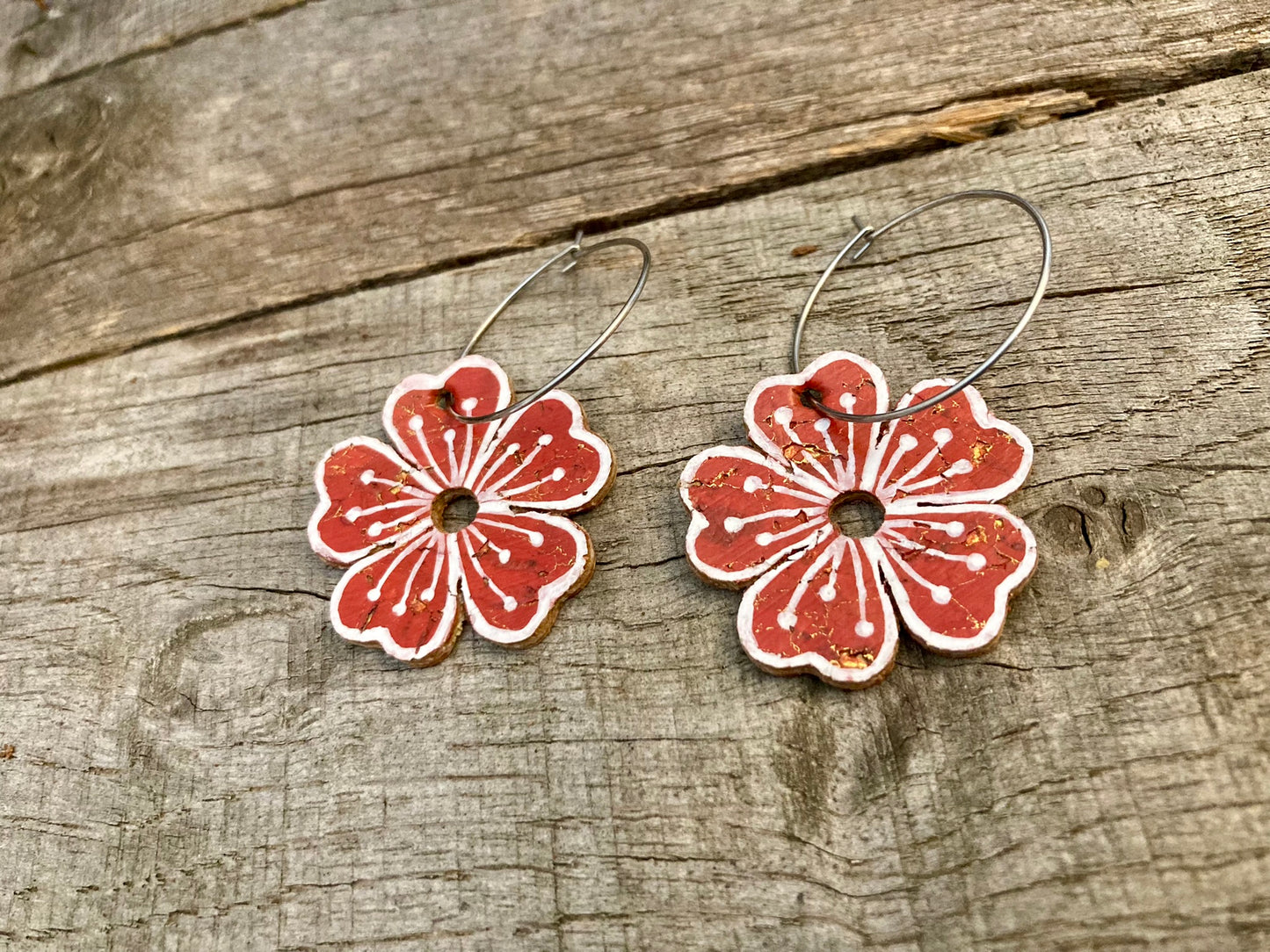 Large Rust Flower Hoop Earrings