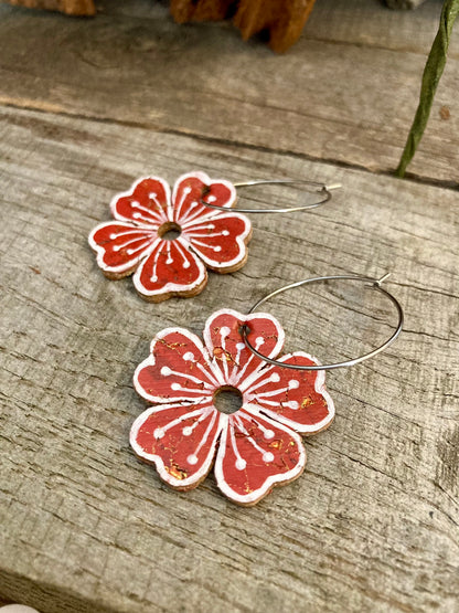 Large Rust Flower Hoop Earrings