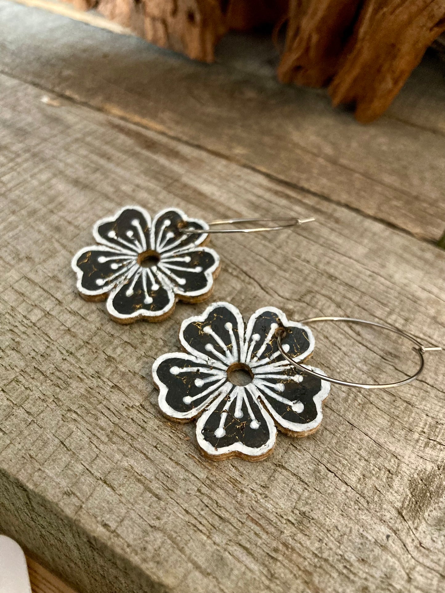 Large Black Flower Hoop Earrings