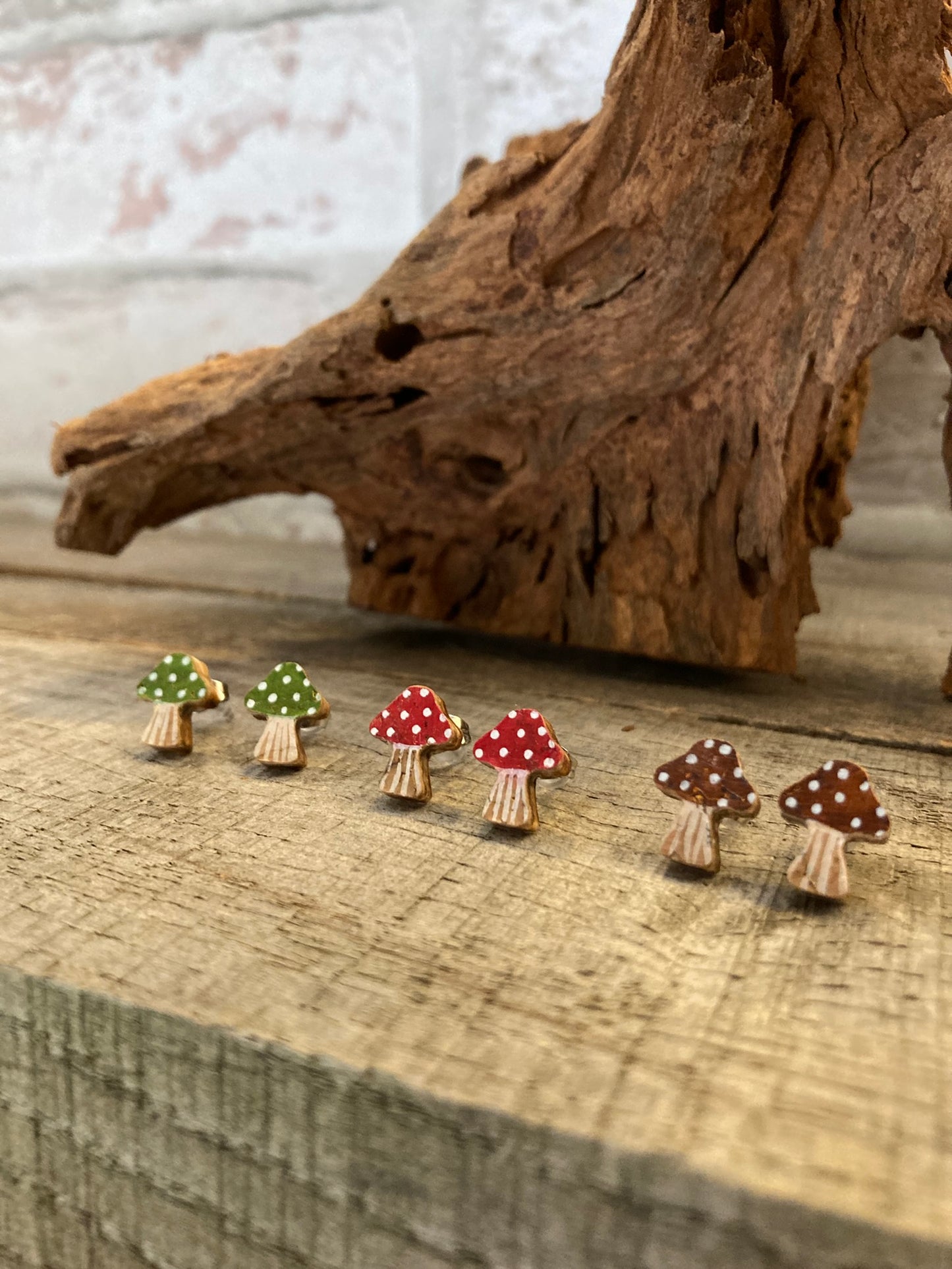 Toadstool Studs - Green, Red & Brown