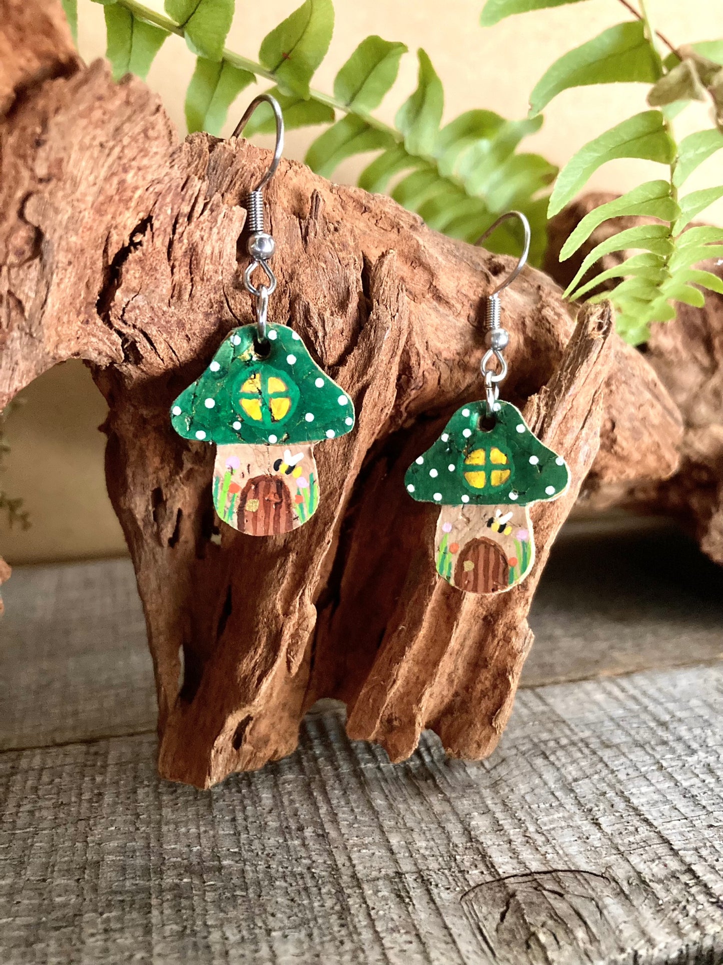 Green Fairy House Toadstool Earrings