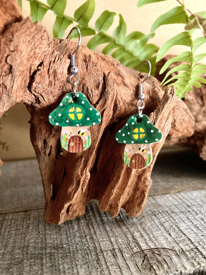 Green Fairy House Toadstool Earrings