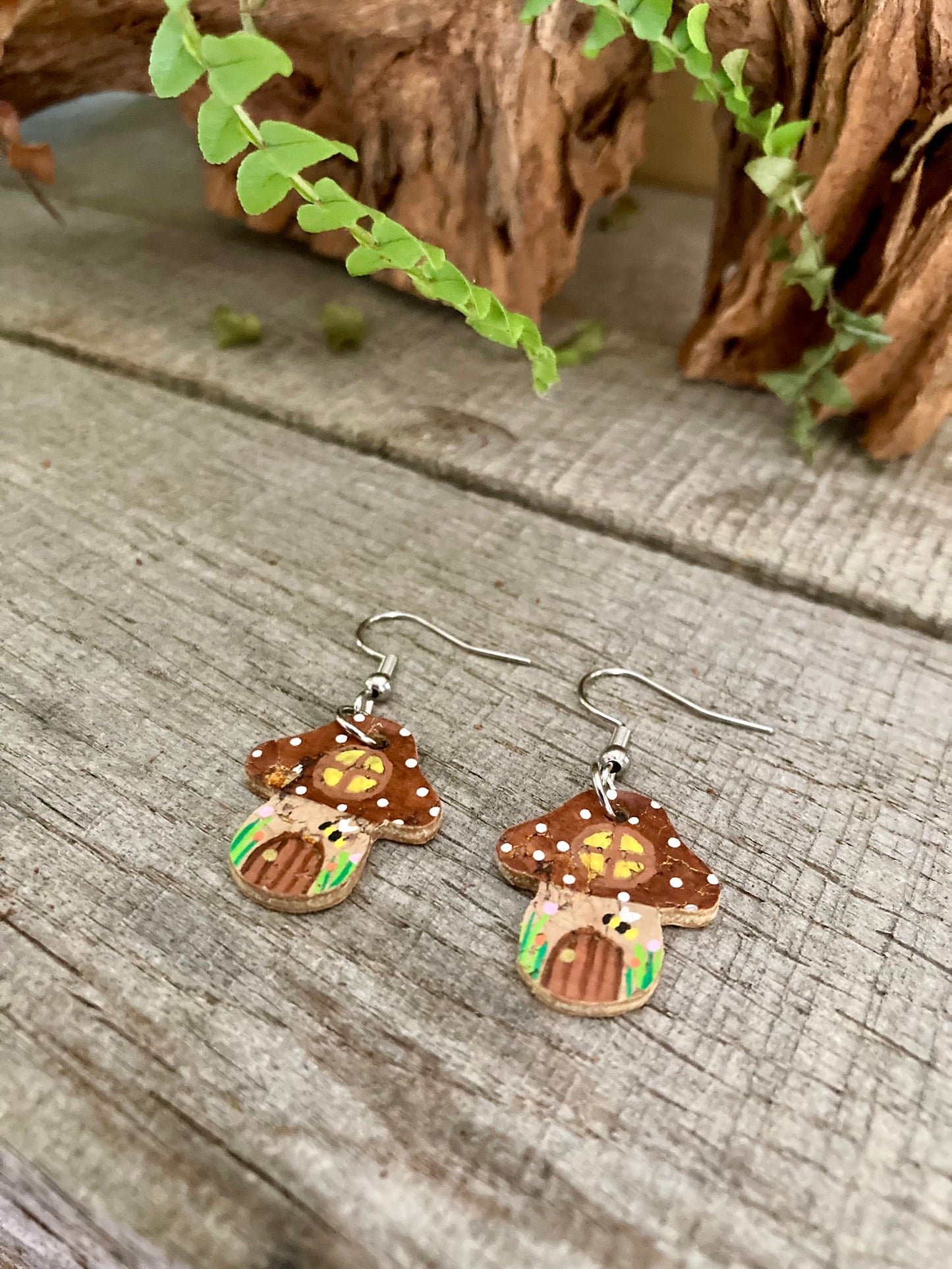 Brown Fairy House Toadstool Earrings