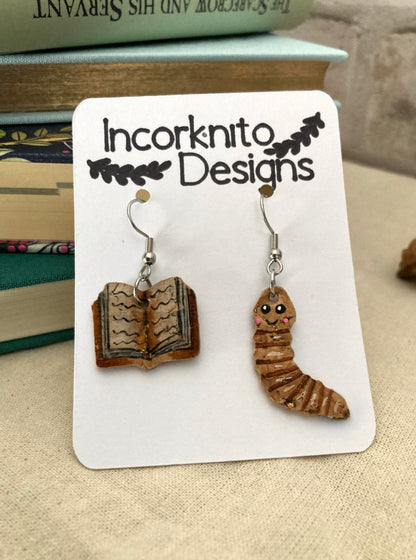 Natural Book Worm Earrings - Green, Orange or Brown Book