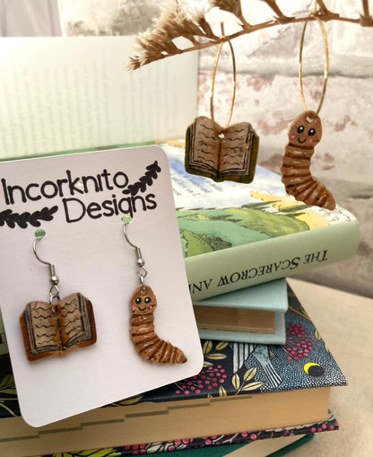 Natural Book Worm Earrings - Green, Orange or Brown Book