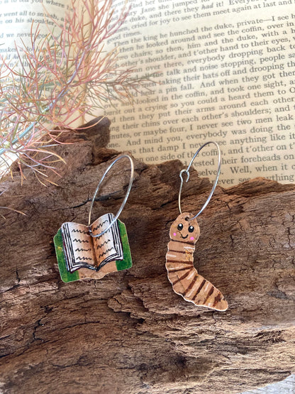 Natural Bookworm Earrings - Green, Orange or Brown Book