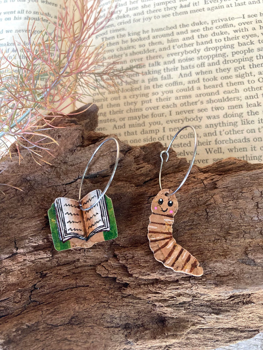 Natural Bookworm Earrings - Green, Orange or Brown Book