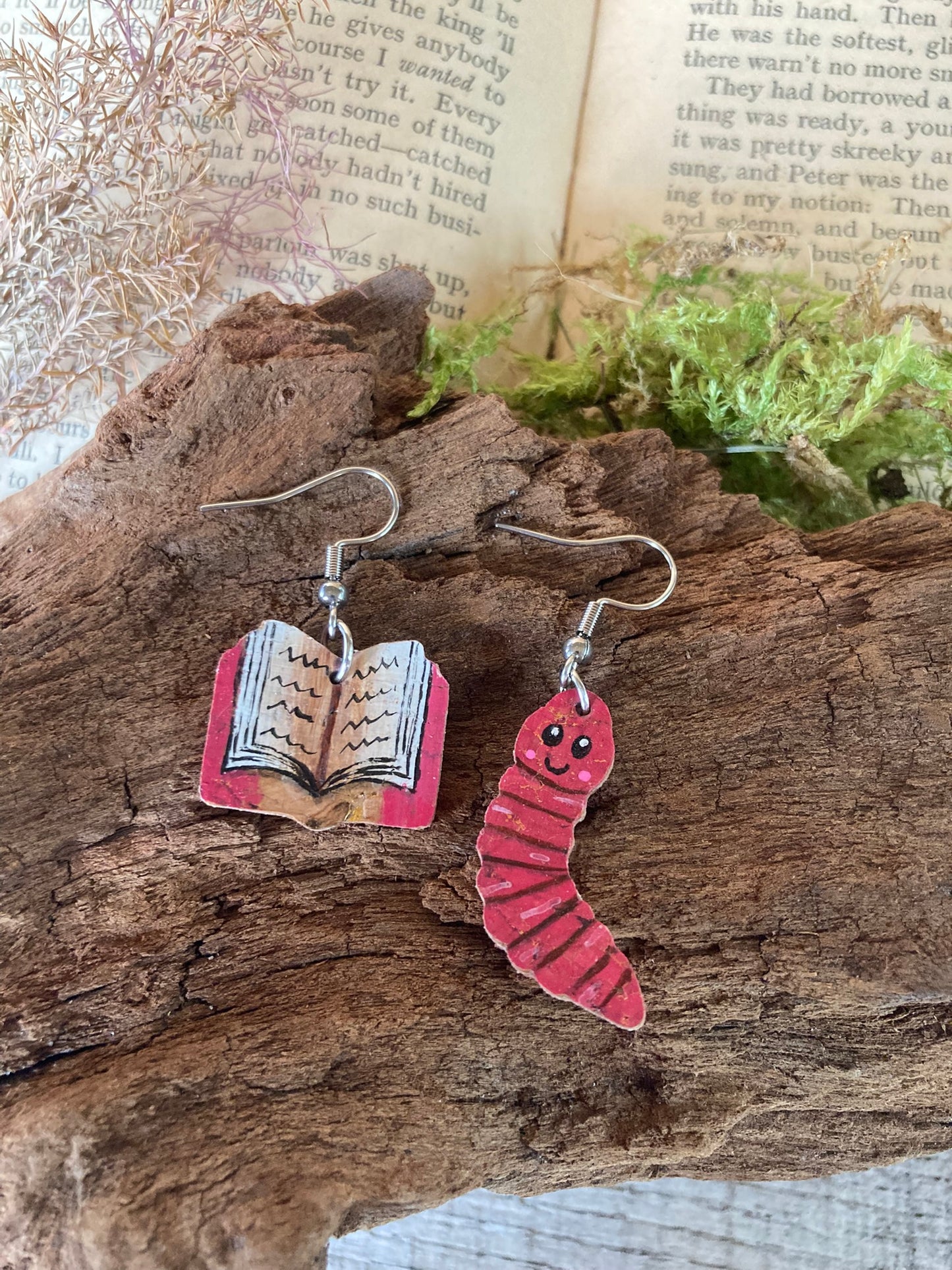 Pink Book Worm Earrings