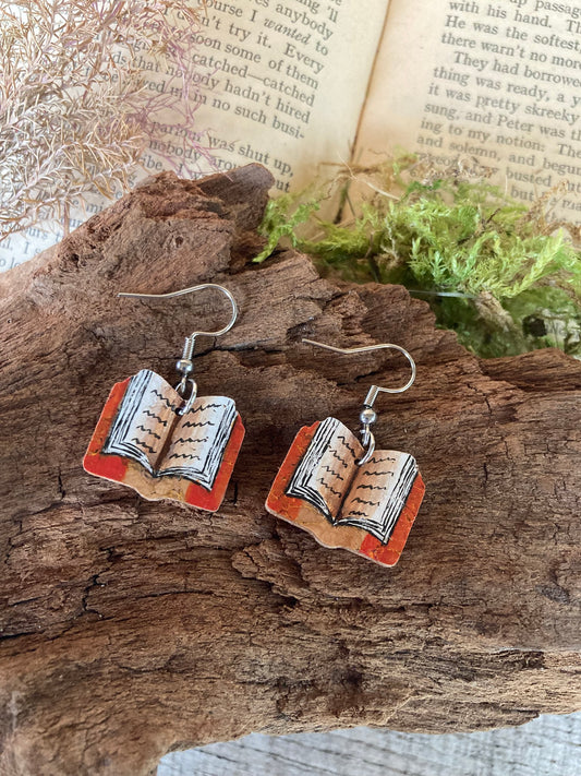 Book-shaped earrings on a wooden surface with an open book in the background