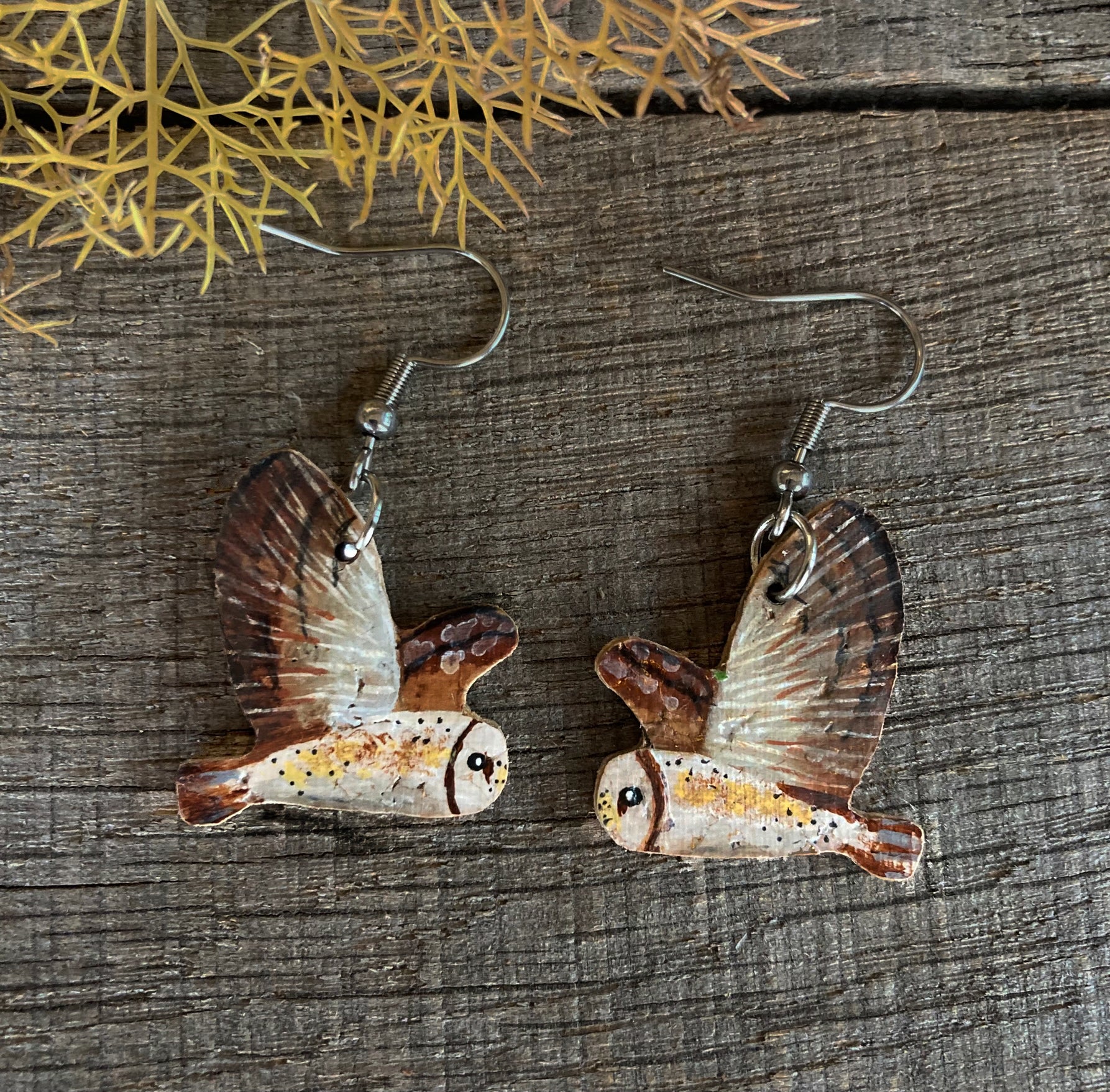 Handpainted barn owl cork earrings on silver hooks flat lay on weathered dark wood with dried botanicals — sustainable wildlife jewellery