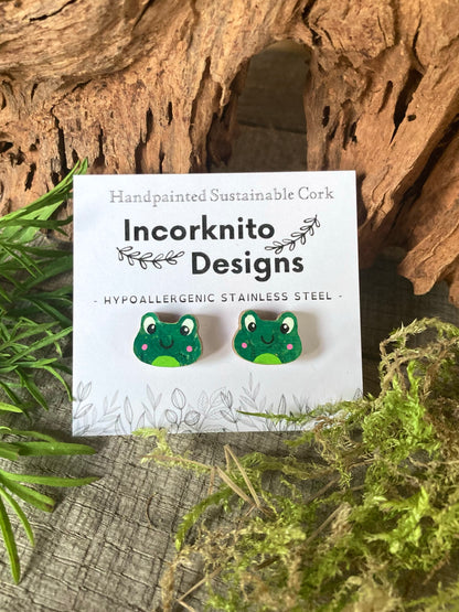 Cheerful frog cork stud earrings on an Incorknito Designs branded card