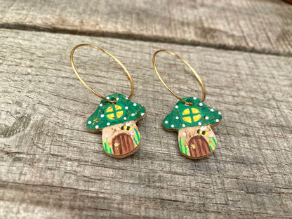 Green Fairy House Toadstool Earrings on gold 25mm hoops— handpainted sustainable cork with gold flecks, by Incorknito Designs