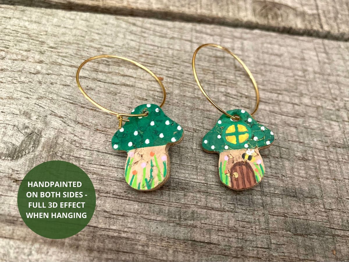 Green Fairy House Toadstool Earrings — handpainted on both sides, showing fairy house front and flower garden reverse