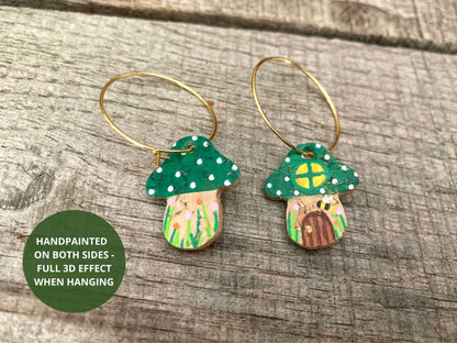 Green Fairy House Toadstool Earrings — handpainted on both sides, showing fairy house front and flower garden reverse