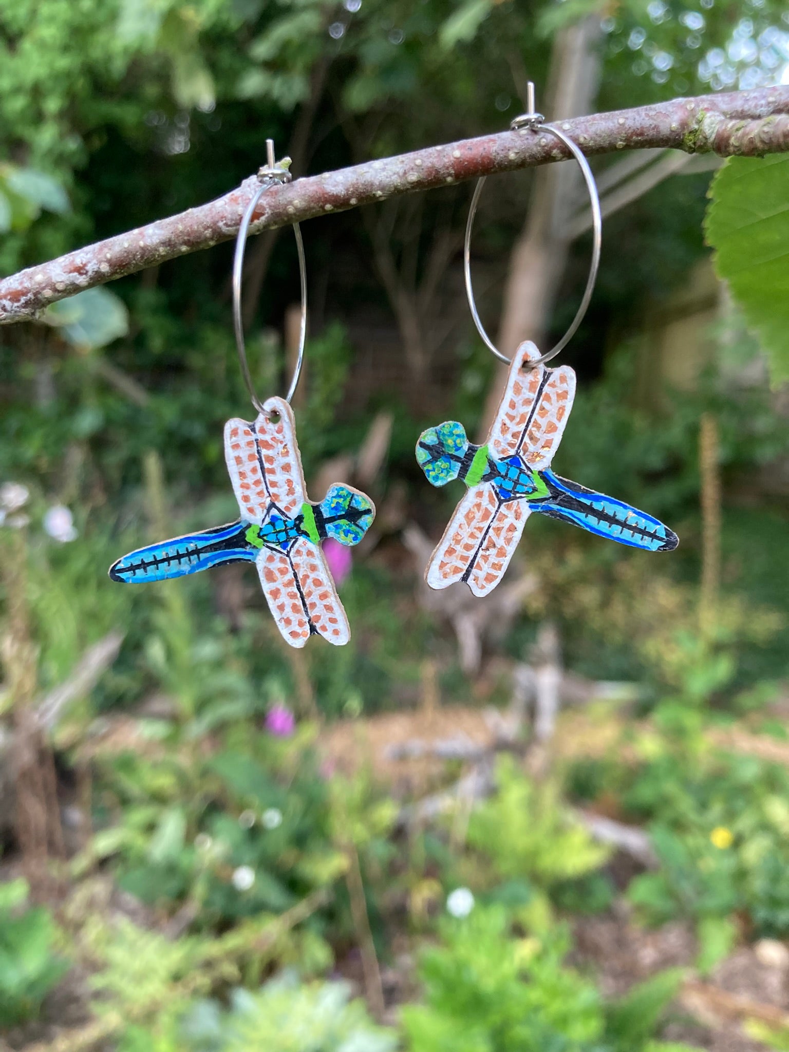 Handpainted Emperor Dragonfly cork earrings on silver hoops, handmade in Suffolk UK — sustainable nature jewellery hanging from branch with green garden background