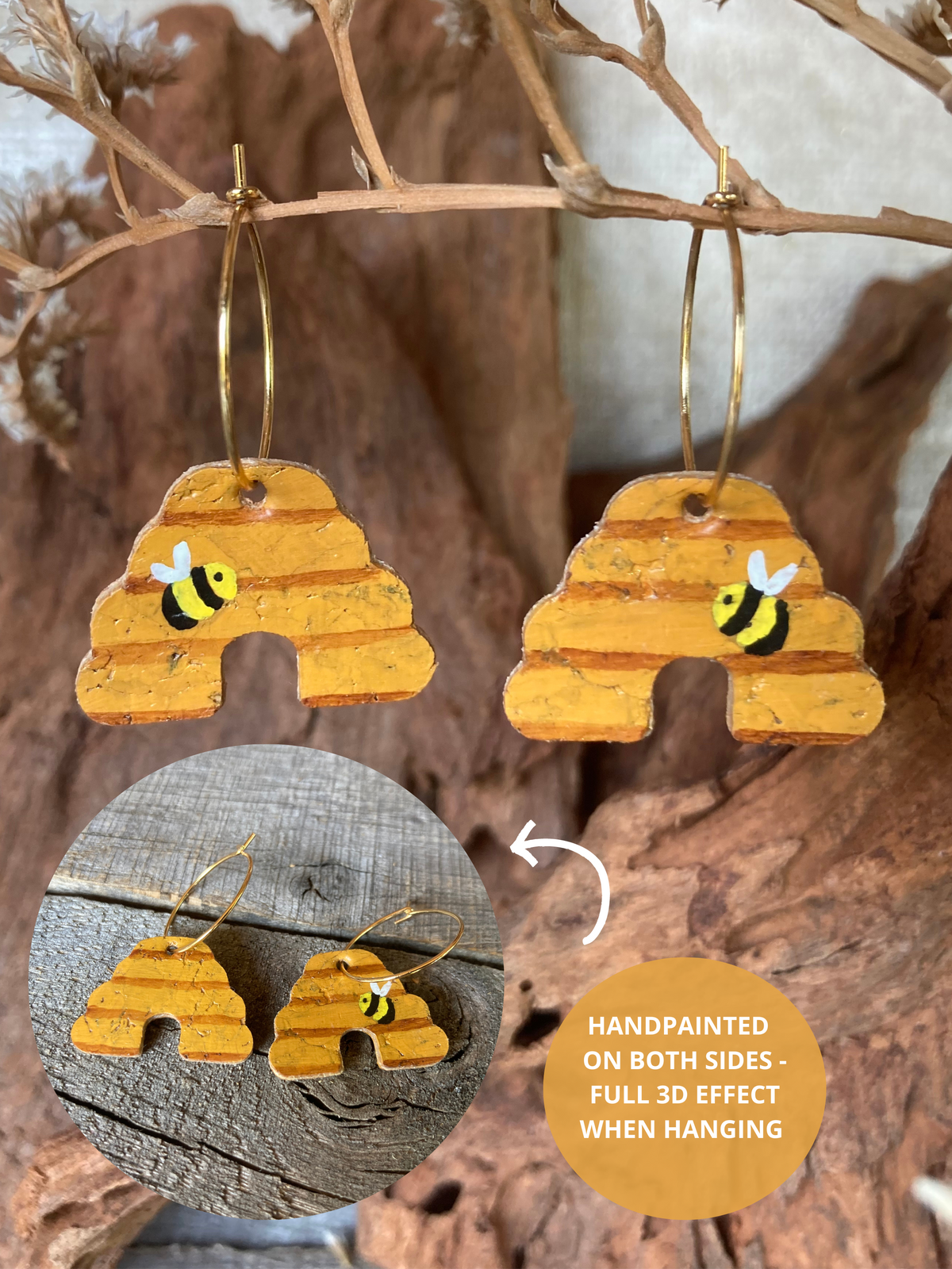 Handpainted cork beehive earrings on gold hoops showing front painted detail and natural cork reverse — handpainted on both sides