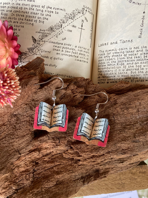 Handpainted cork open book earrings with pink cover on silver hooks, resting on cork bark with vintage walking guide book background and pink dried flower