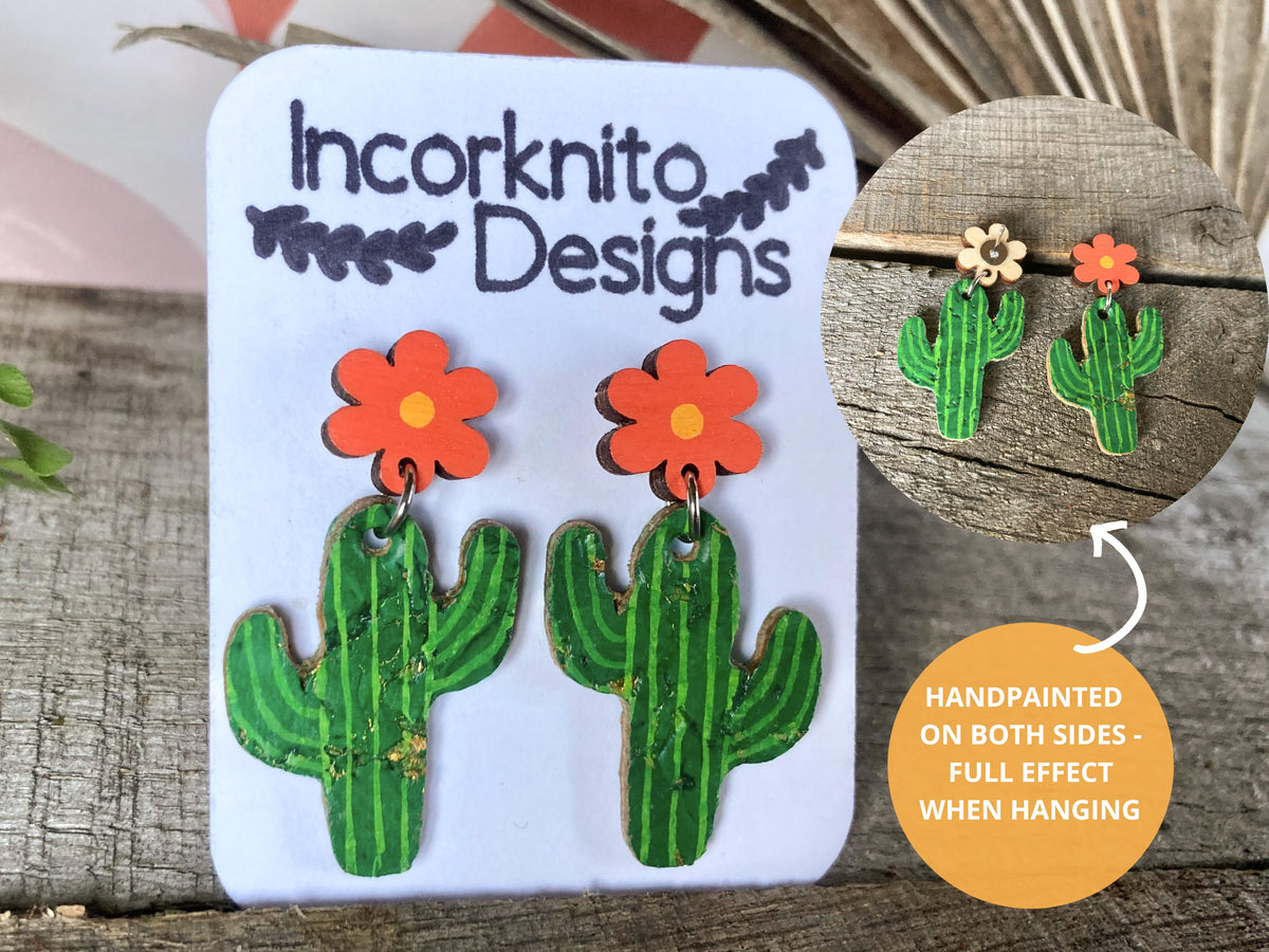 Cacti flower stud drop earrings on Incorknito Designs card showing handpainted cork cactus front and reverse double-sided detail