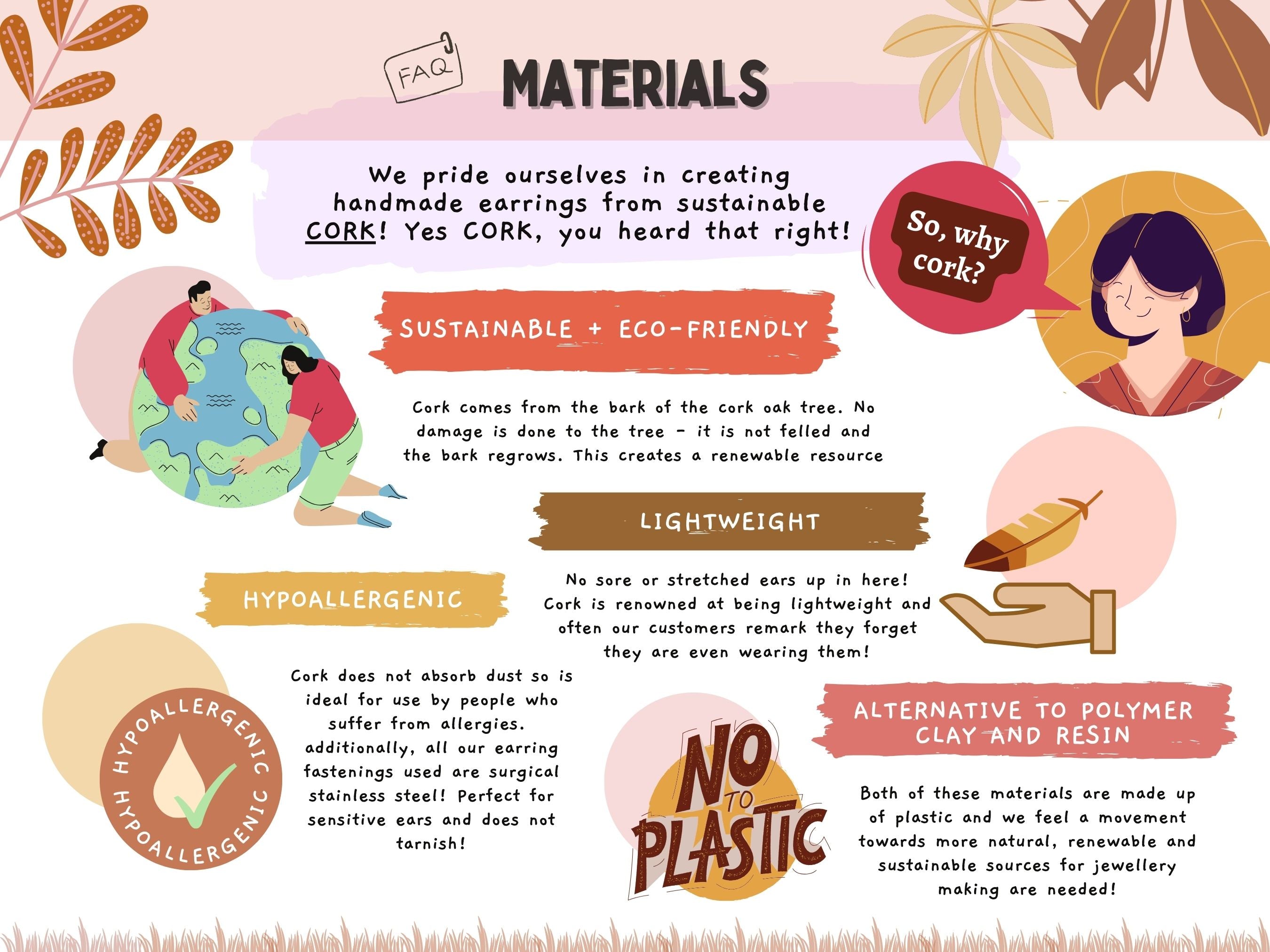 Infographic explaining why Incorknito Designs uses cork for handmade earrings — highlighting that cork is sustainable, eco-friendly, lightweight, hypoallergenic and a plastic-free alternative to polymer clay and resin.