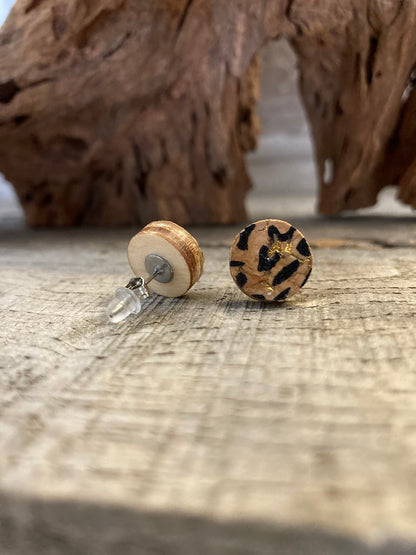 Leopard print cork stud earring showing front painted face and FSC wood reverse with stainless steel butterfly post