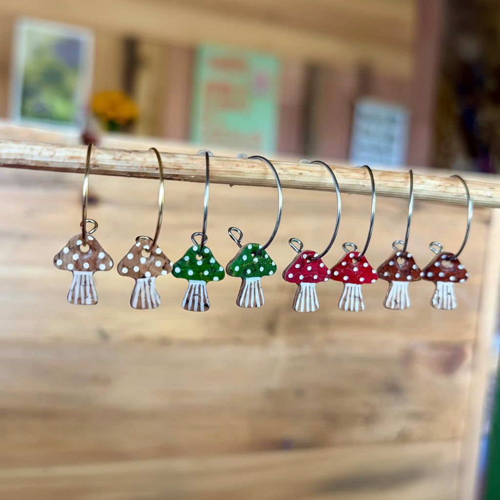 Mini toadstool hoop earrings in four colourways — red, green, brown and natural — handpainted cork earrings handmade in Suffolk UK