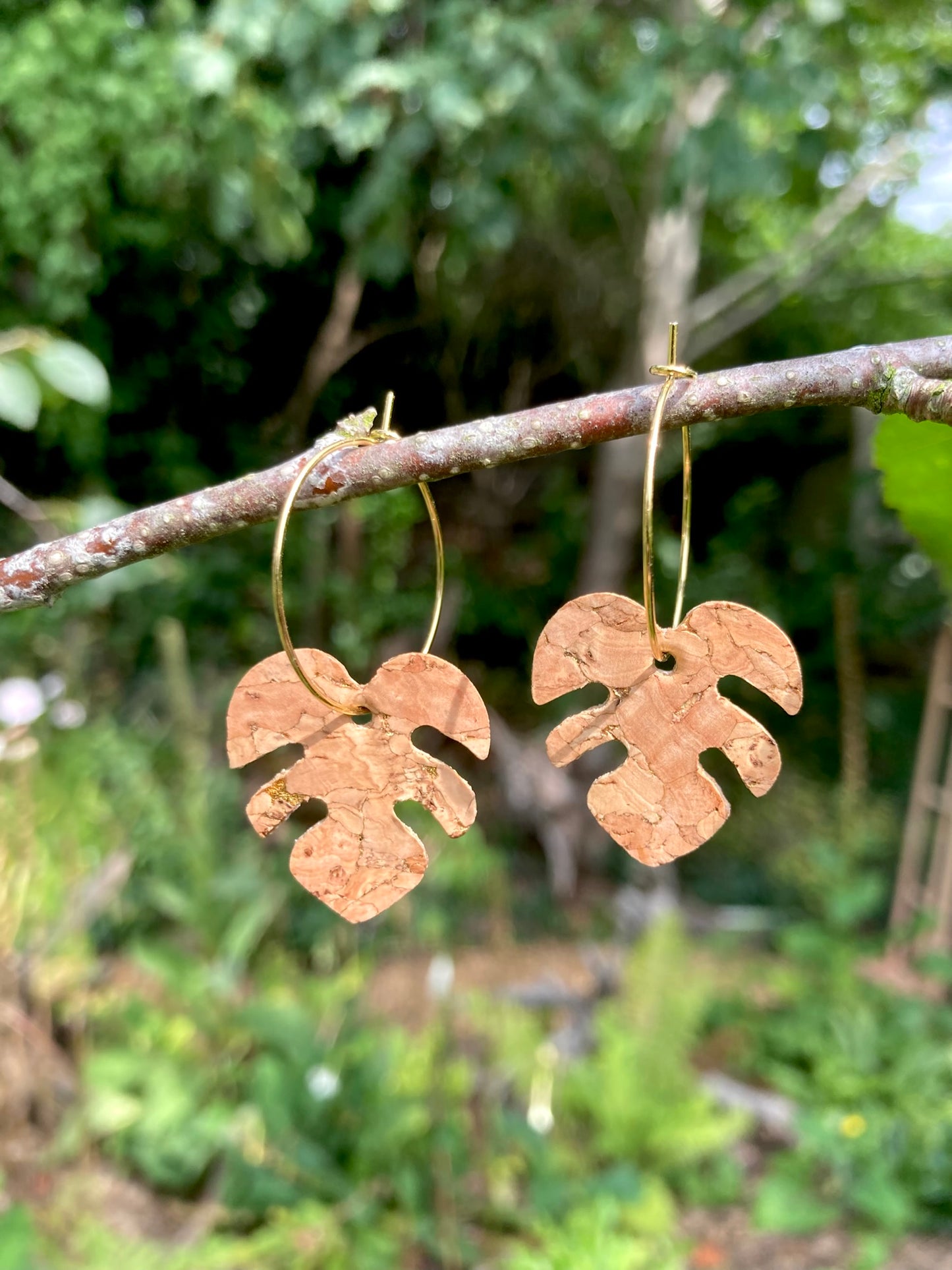 Natural cork monstera earrings on gold hoops catching sunlight on a garden branch — gold fleck detailing glinting in natural light