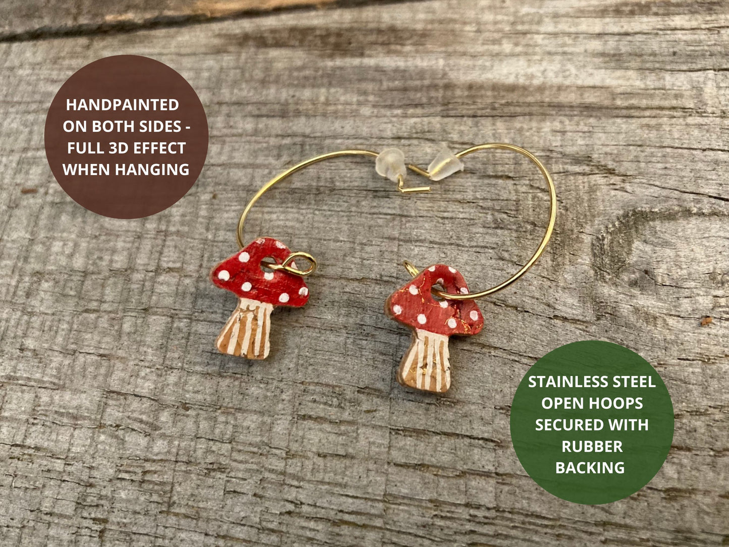 Infographic showing red toadstool cork mini hoop earrings handpainted on both sides — full painted reverse on stainless steel open back hoops