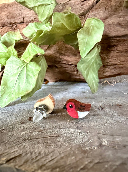 Robin cork stud earring showing front painted face and FSC wood reverse with stainless steel butterfly and silicone posts on a driftwood surface