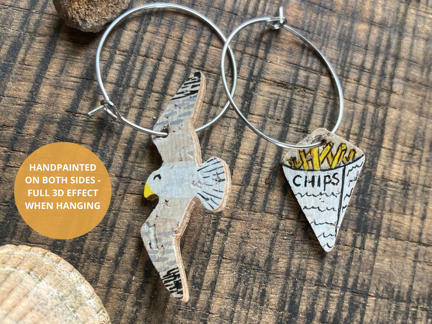 Infographic showing the reverse of seagull and chips cork earrings on silver hoops — handpainted on both sides for a full finish from every angle